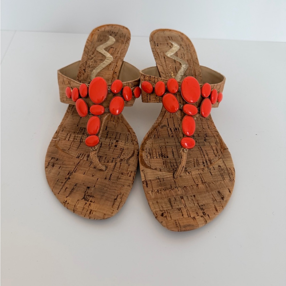 Nina Coral Stones Cork Kitten Heel Sandals Size 7 1/2